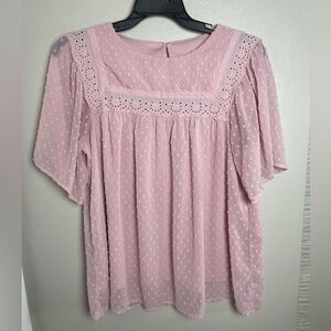 Pink Lace Trim Blouse with Flowy Sleeves